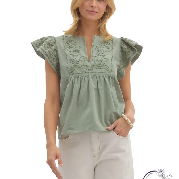 fab'rik Tops - Fab'rik Women's Olive Green Embroidered Split Neck Flutter Sleeve Top Size Large